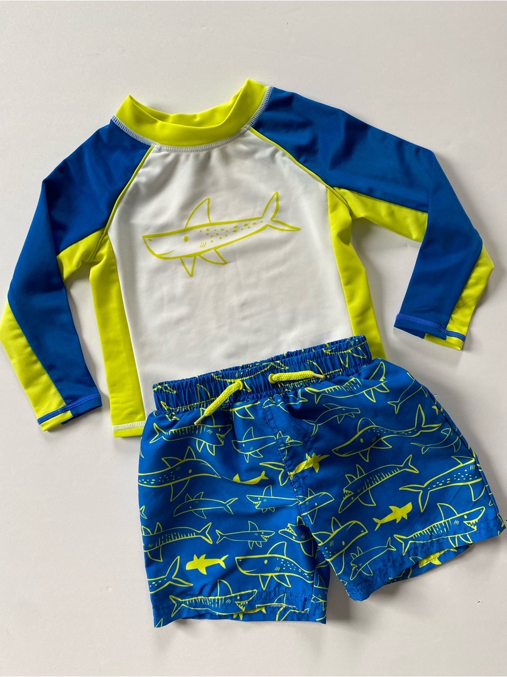 Boys Swim Set Size 2T Rash Guard Shirt Shorts 2 Piece Blue Yellow Bathing Suit